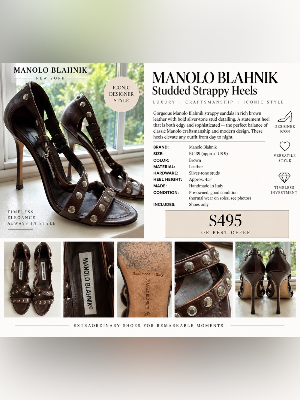 Manolo Blahnik Brown Leather Studded Strappy Heels